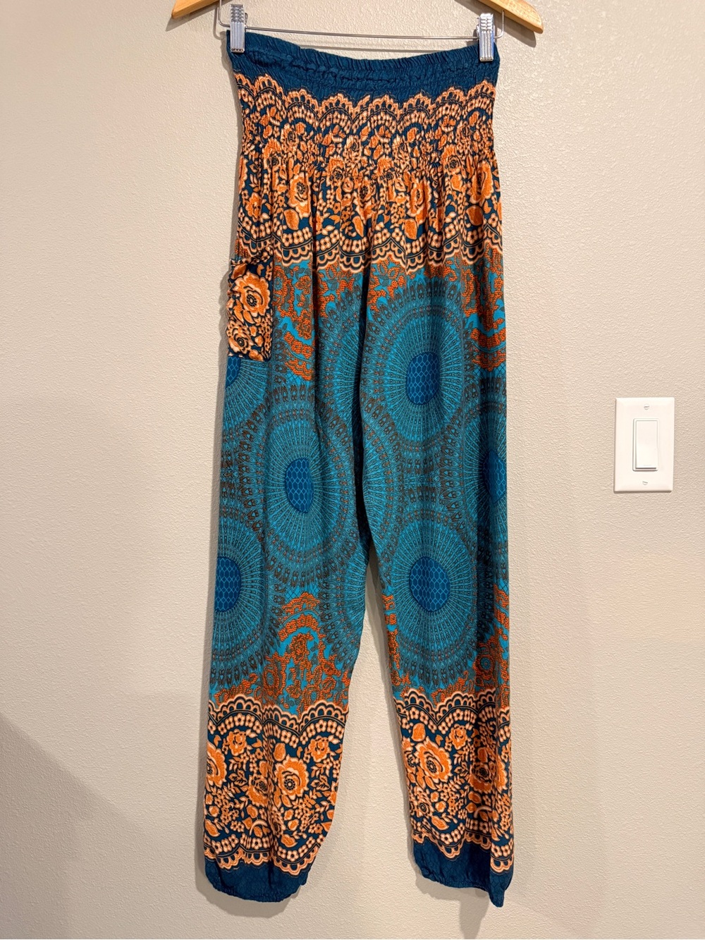One Tribe Apparel Boho Harem Pants Teal Orange Mandala Smocked Waist One Size